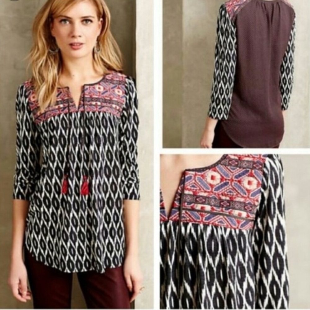 Anthro Palamba Embroidered Geo Top One September Tassel 3/4 Sleeve Boho Medium
